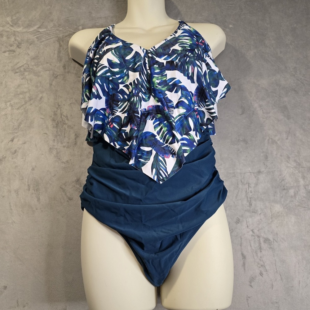 One Piece Swimsuit Size Large Ruffle Floral Spaghetti Strap Padded Bra